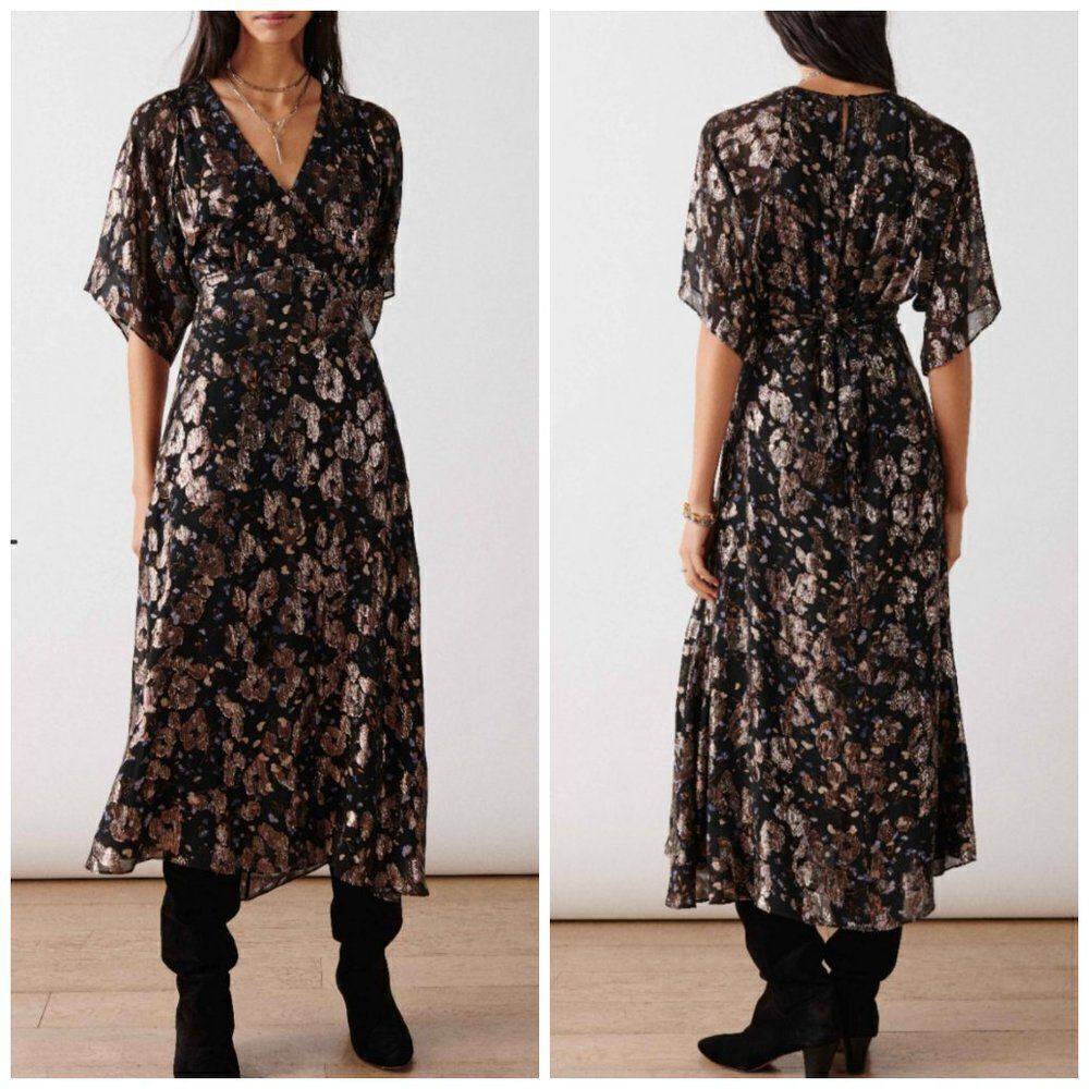 ba&sh Metallic Short Sleeve Silk Print Midi Dress - Picture 2 of 13